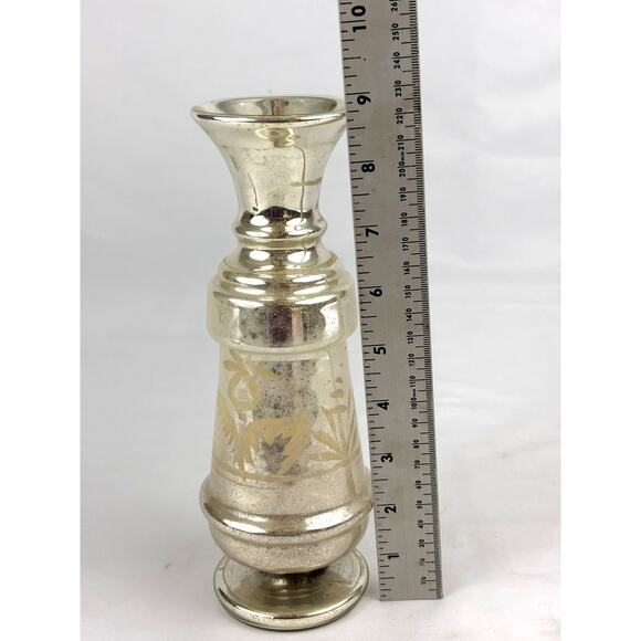 Antique Victorian Silver Hand Blown Mercury Glass Vase Floral Design 9" Tall - Picture 3 of 16